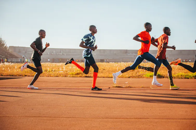 Elite Kenyan marathon runners go for a training run.