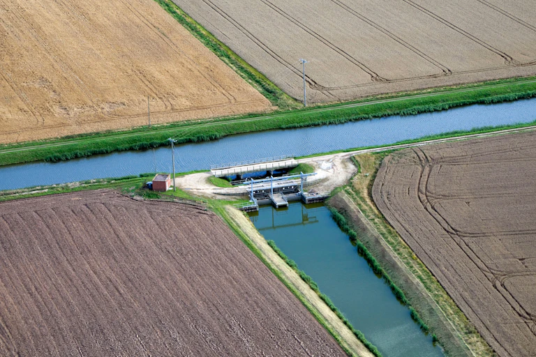 Aerial view of a sluice gate, Cambridgeshire Fens