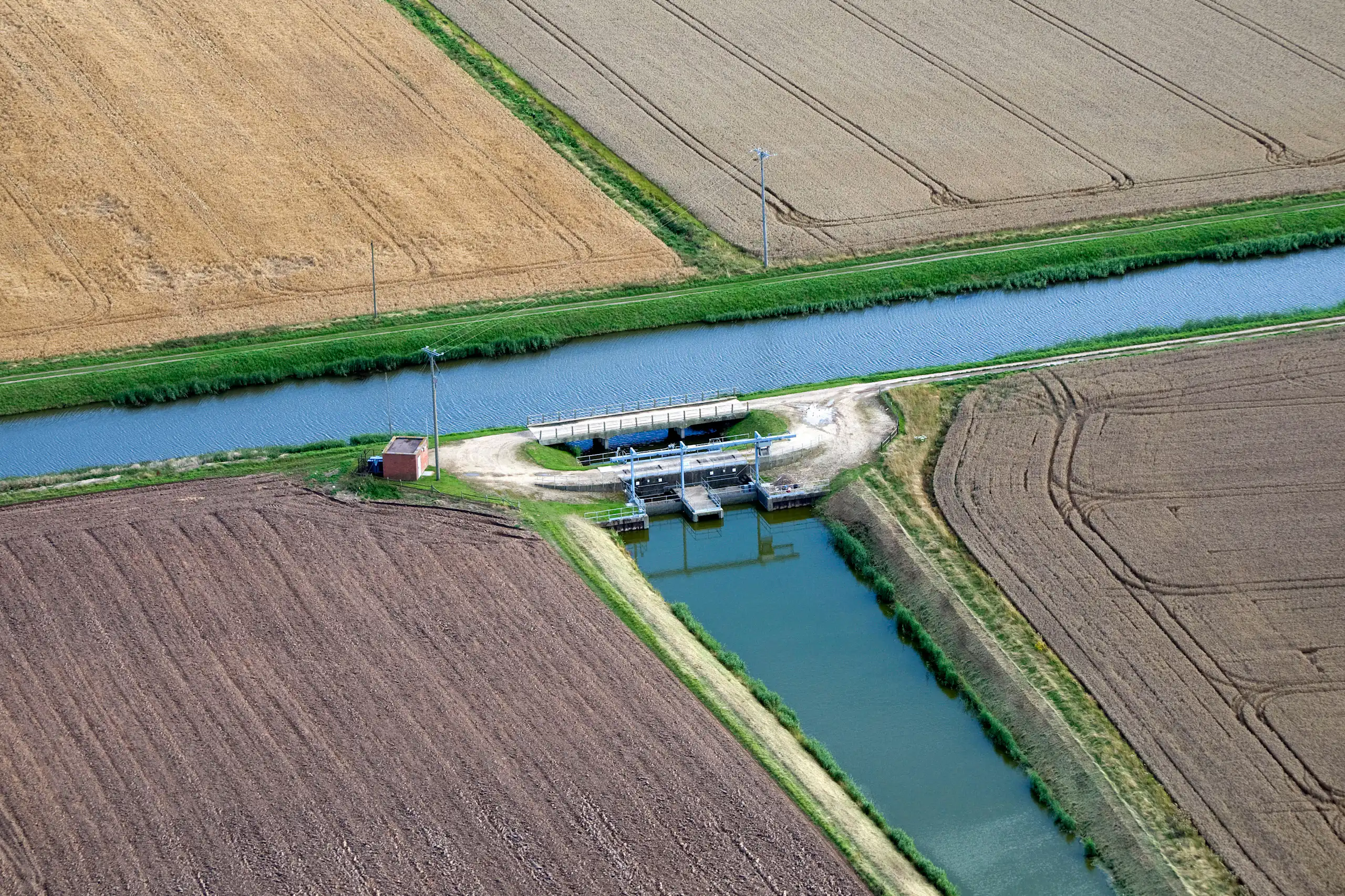 Aerial view of a sluice gate, Cambridgeshire Fens