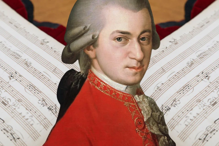 Portrait of Wolfgang Amadeus Mozart by Barbara Krafft with manuscript in the background