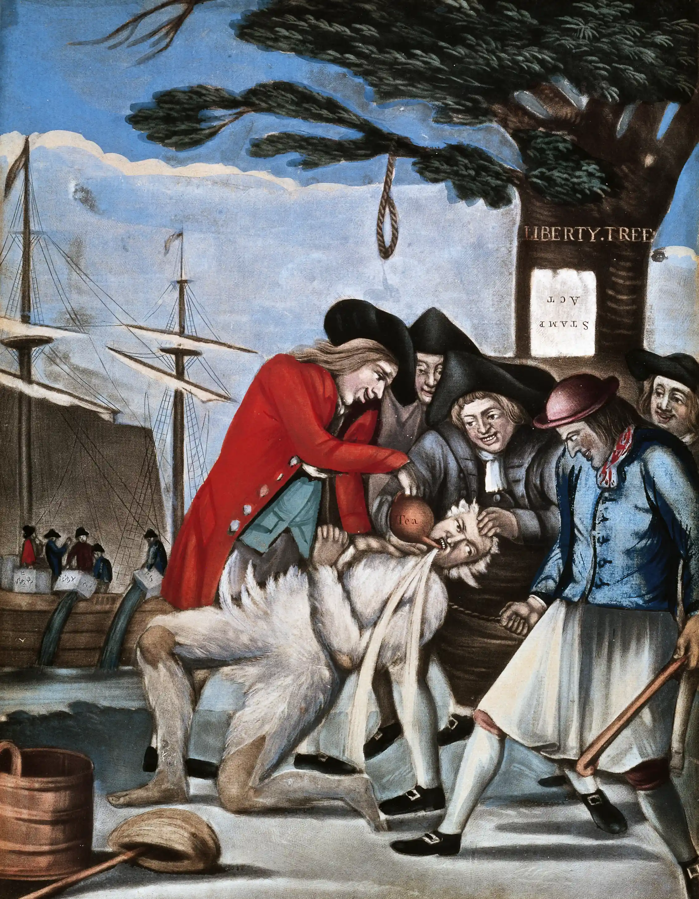 An illustration of U.S. colonists tarring a fellow colonists.