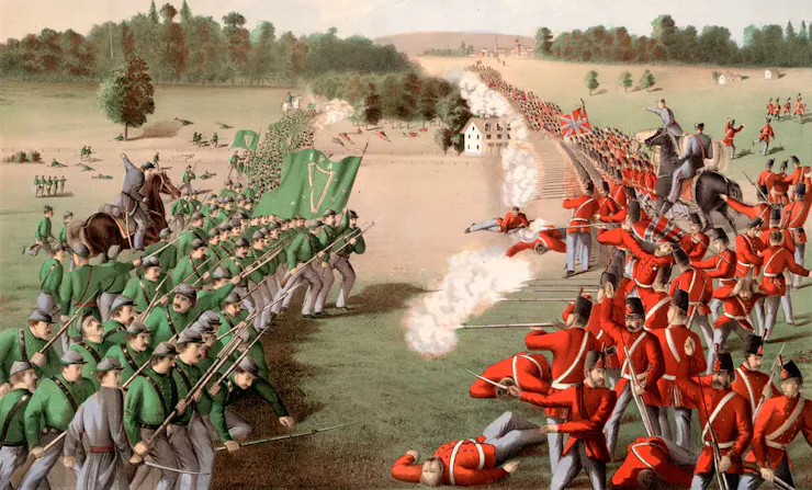 A painting of a group of men in green shirts attacking a group of men in red shirts.