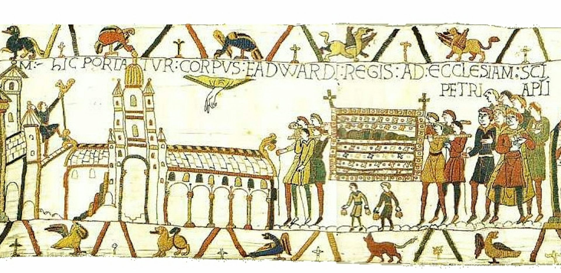 An embroidered image of Westminster Abbey on the Bayeux tapestry.