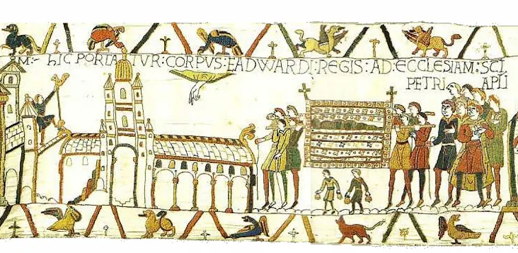 An embroidered image of Westminster Abbey on the Bayeux tapestry.