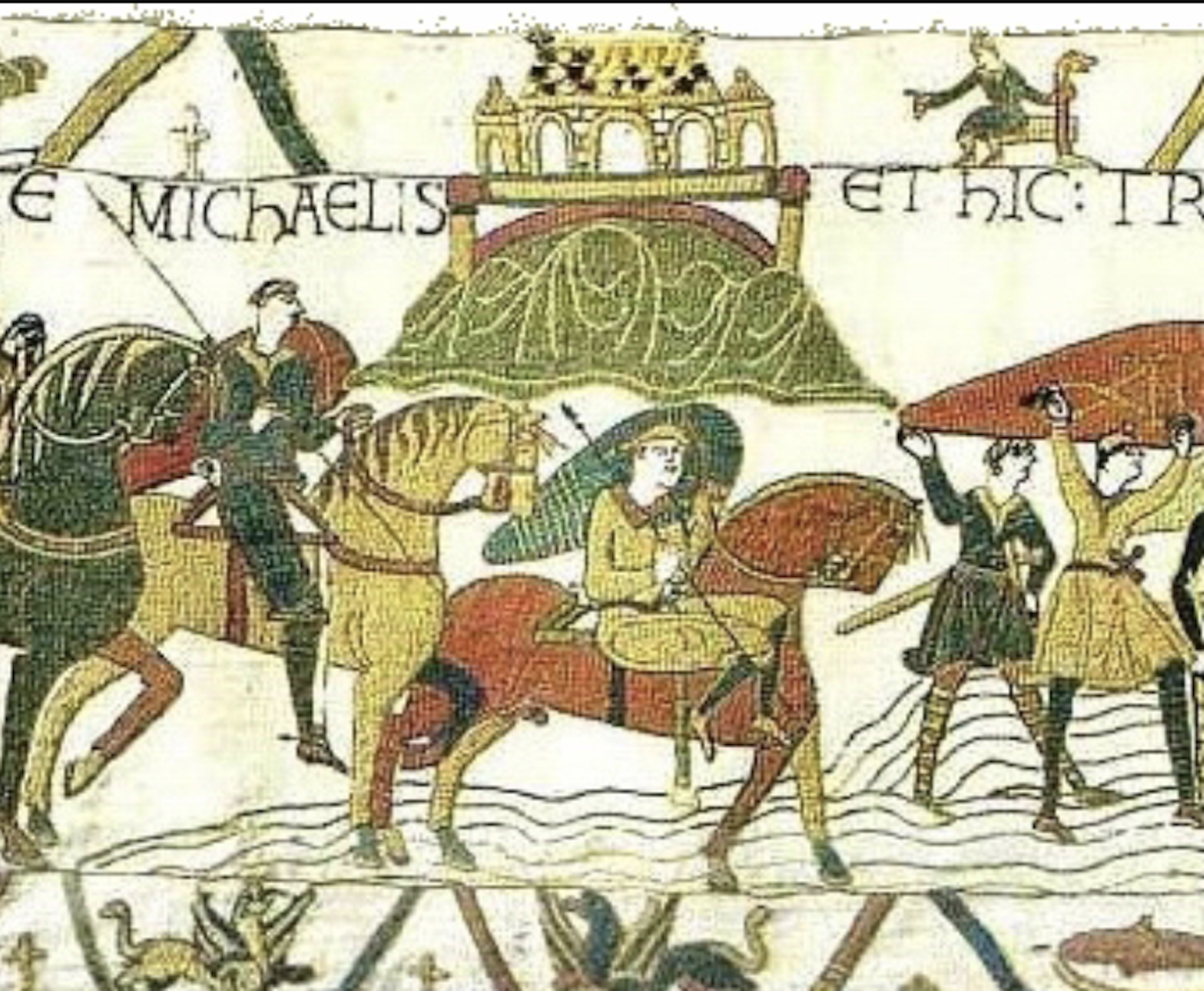 An embroidered image of Mont St Michel in Normandy as depicted in the Bayeux tapestry.