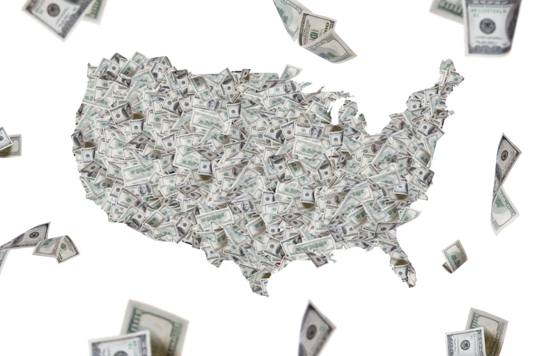 U.S. map with American cash and dollar banknotes flying around, isolated on white background.