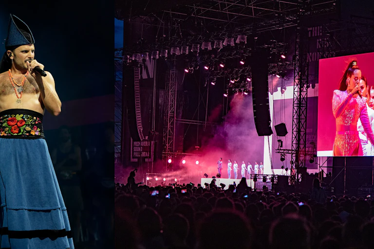 Montaje de imágenes de Rodrigo Cuevas en el Festival des Vieilles Charrues (2022) y de Rosalía en el Primavera Sound (2019).