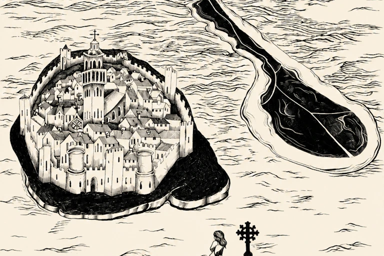 An illustration of Ravenser Odd in a woodcut style