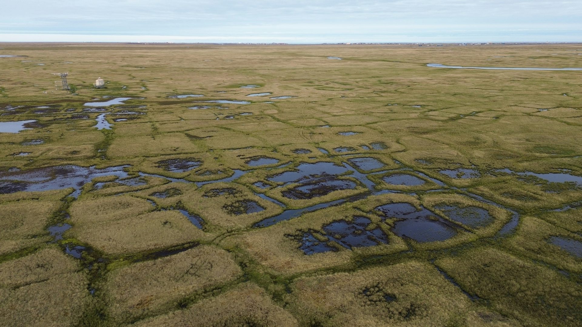 A landscape that looks like it's been stamped with polygon shapes, some filled with water.