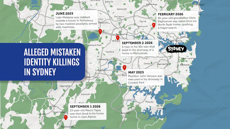 A map of Sydney highlights the locations where alleged mistaken identity killings have taken place. Susie Dodds/AAP