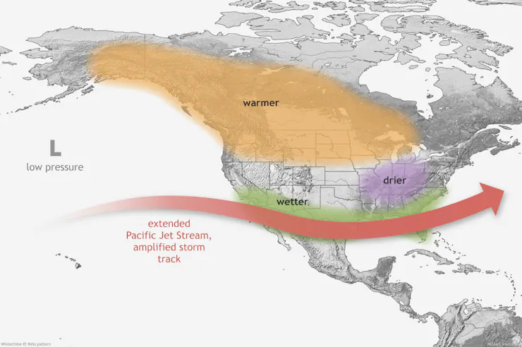 A map of the US shows rainier conditions in the South, warmth in Canada and the northern U.S., and dryness in the Midwest.