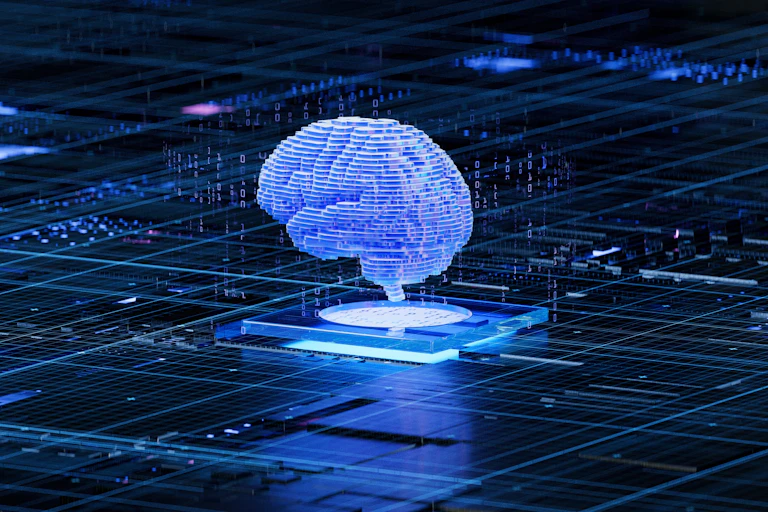 Illustration of a brain connected to a computer circuit board.