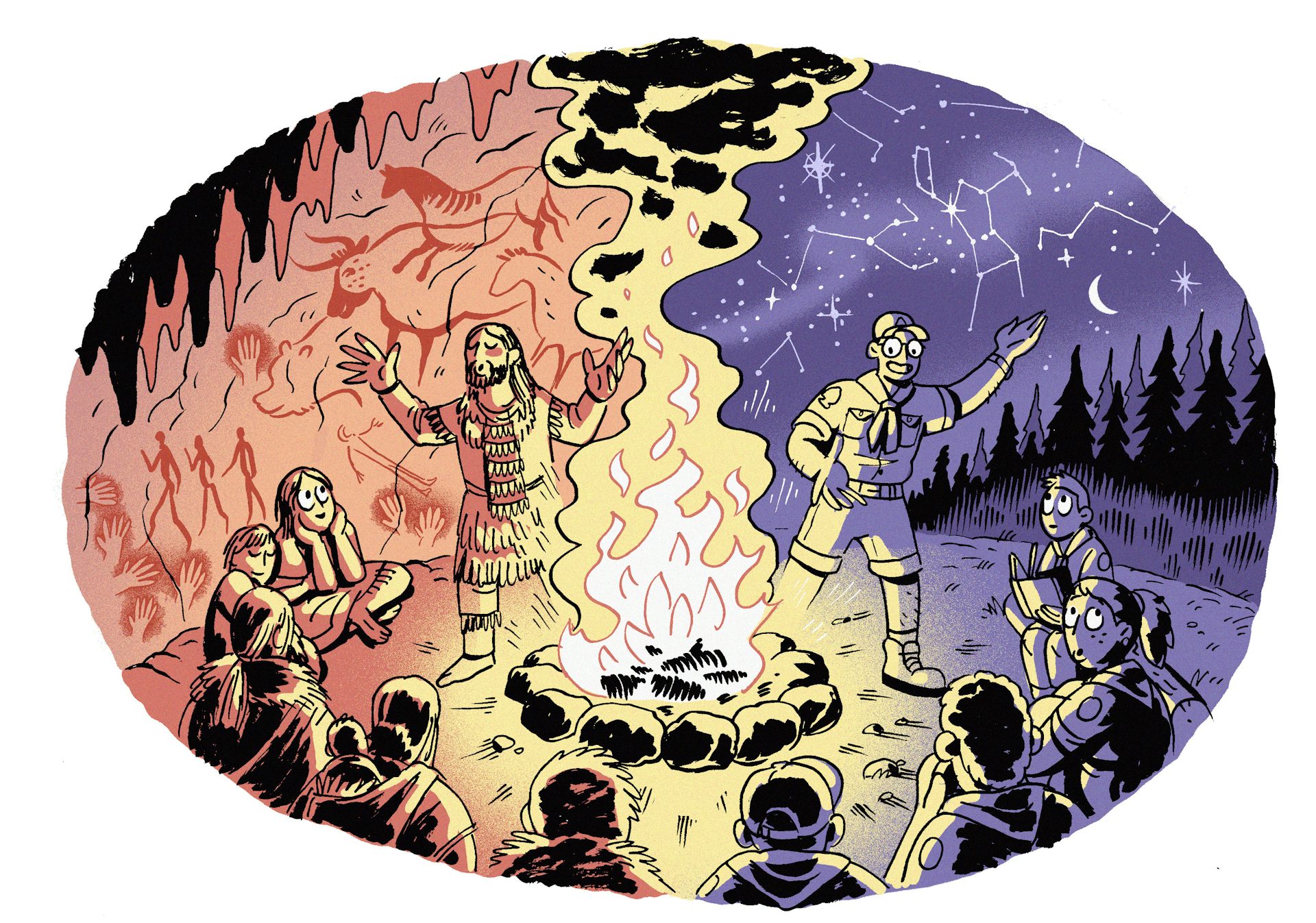 Illustration showing ancient storyteller on left half and scouts round a campfire on right half