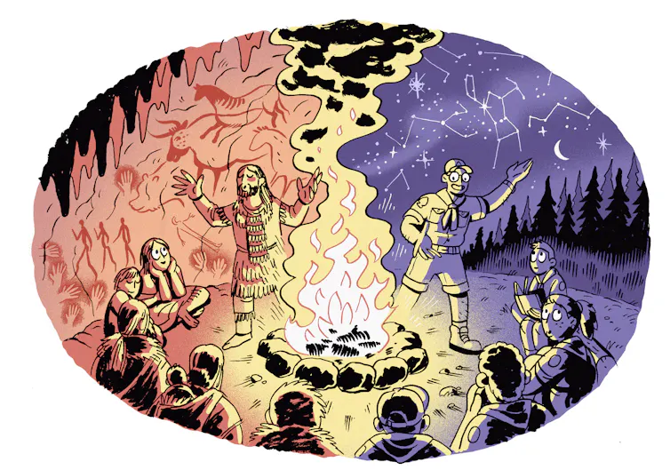 Illustration showing ancient storyteller on left half and scouts round a campfire on right half