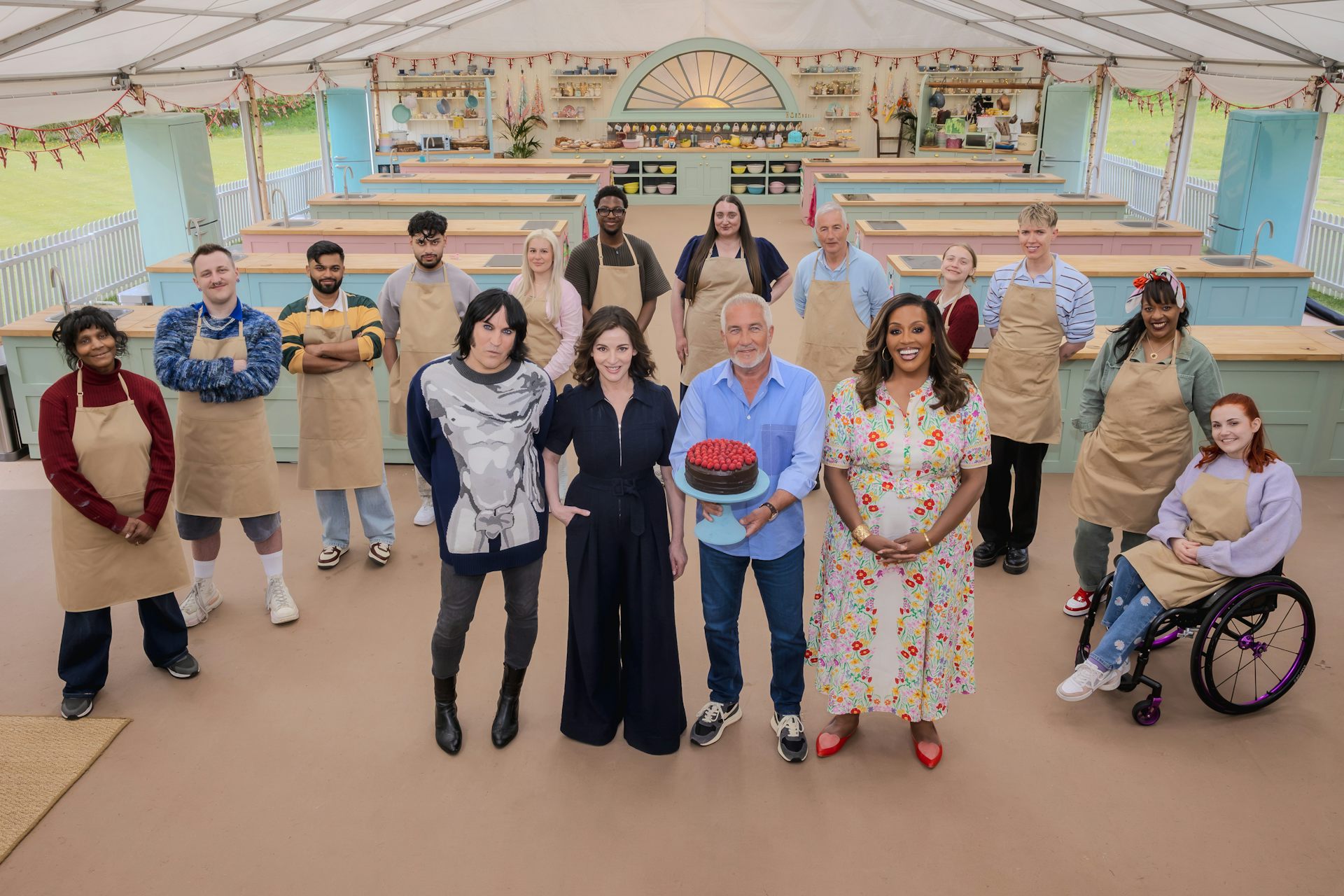 Series 17 contestants, judges and hosts in the Bake Off tent.