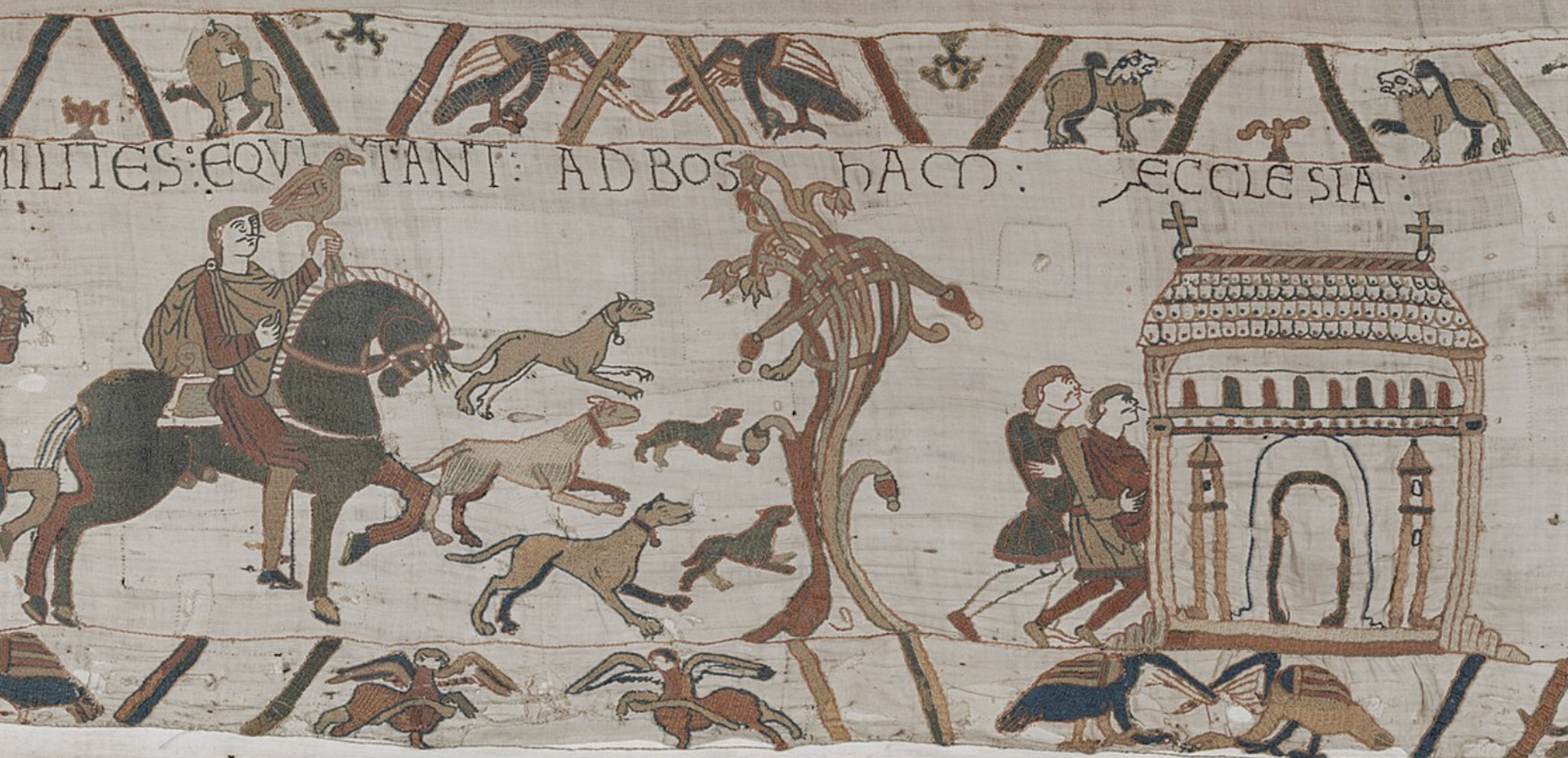 A scene from the Bayeux tapestry showing Bosham Church where Harold prayed before he left for France.