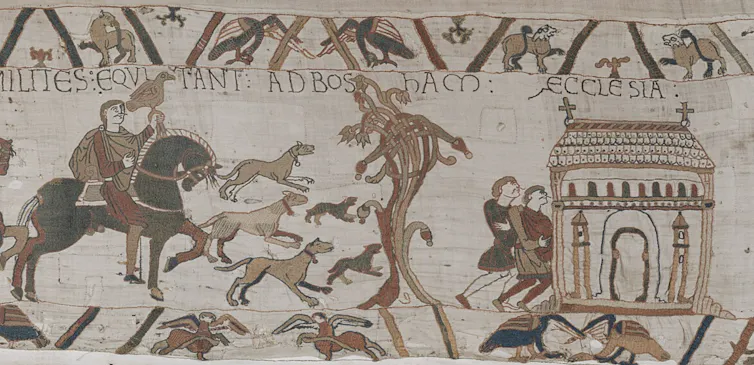 A scene from the Bayeux tapestry showing Bosham Church where Harold prayed before he left for France.