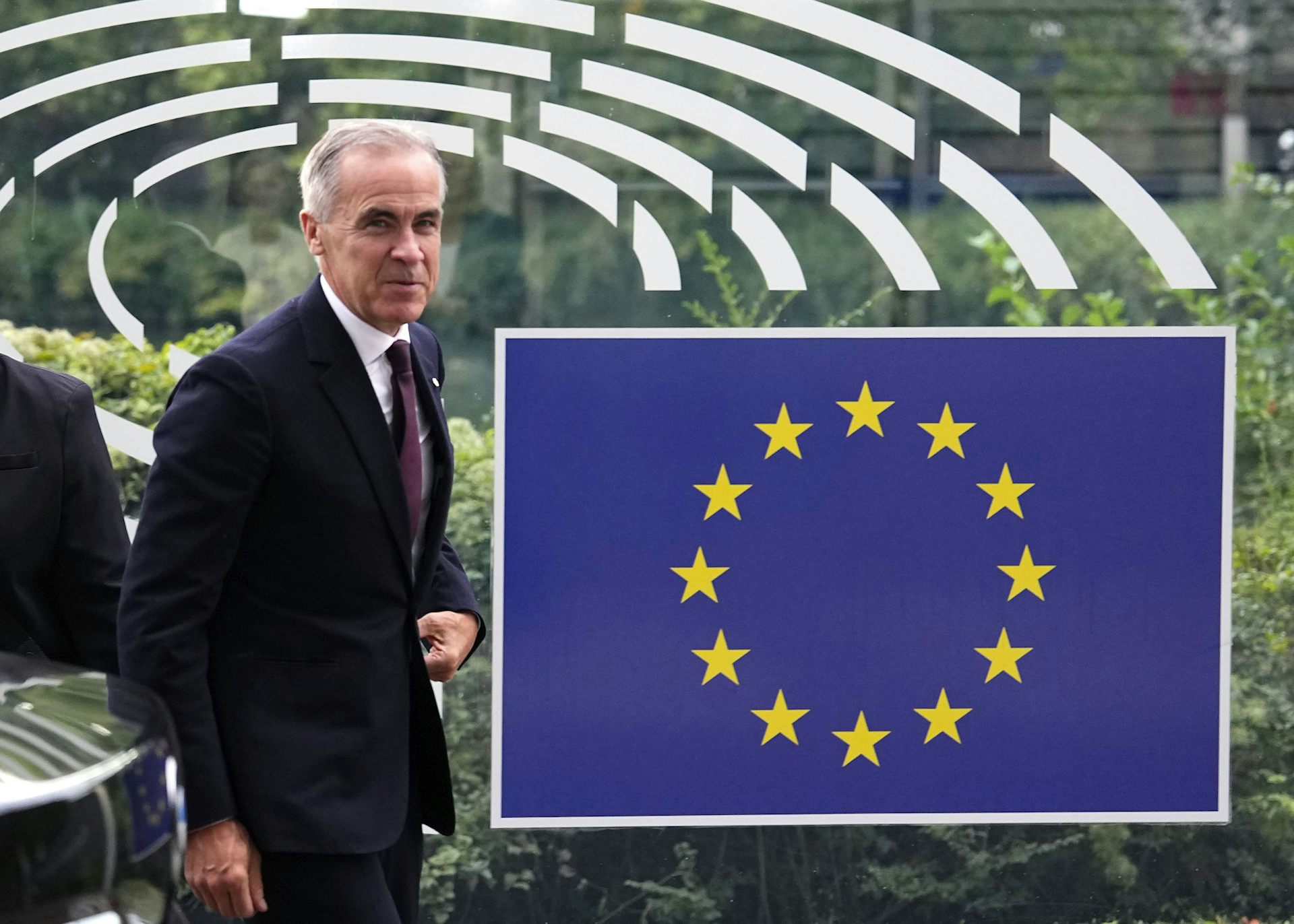 a man with short grey hair smiles next to the flag of the european union