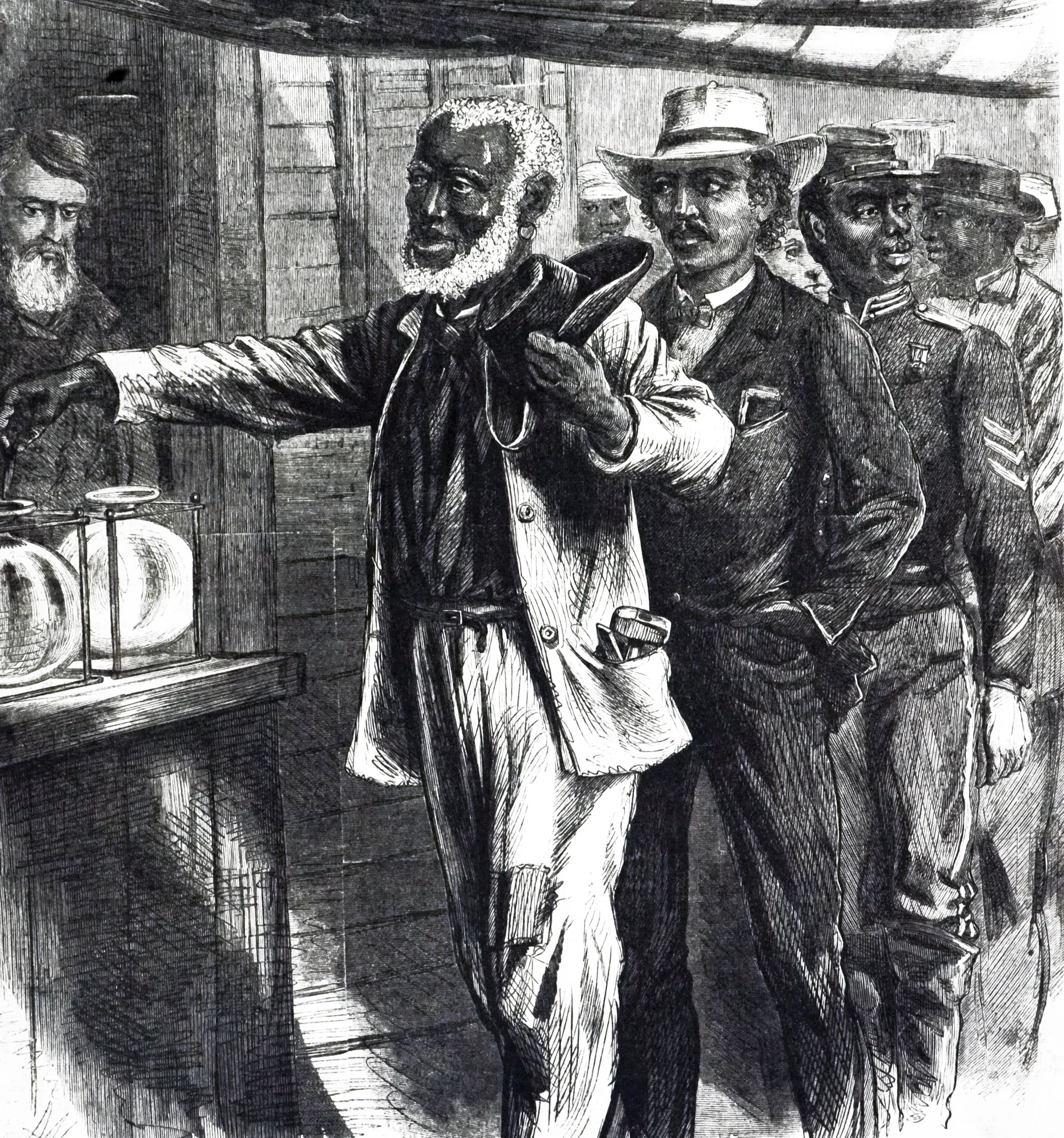 engraving of Black men in line to vote at a polling place in 1867