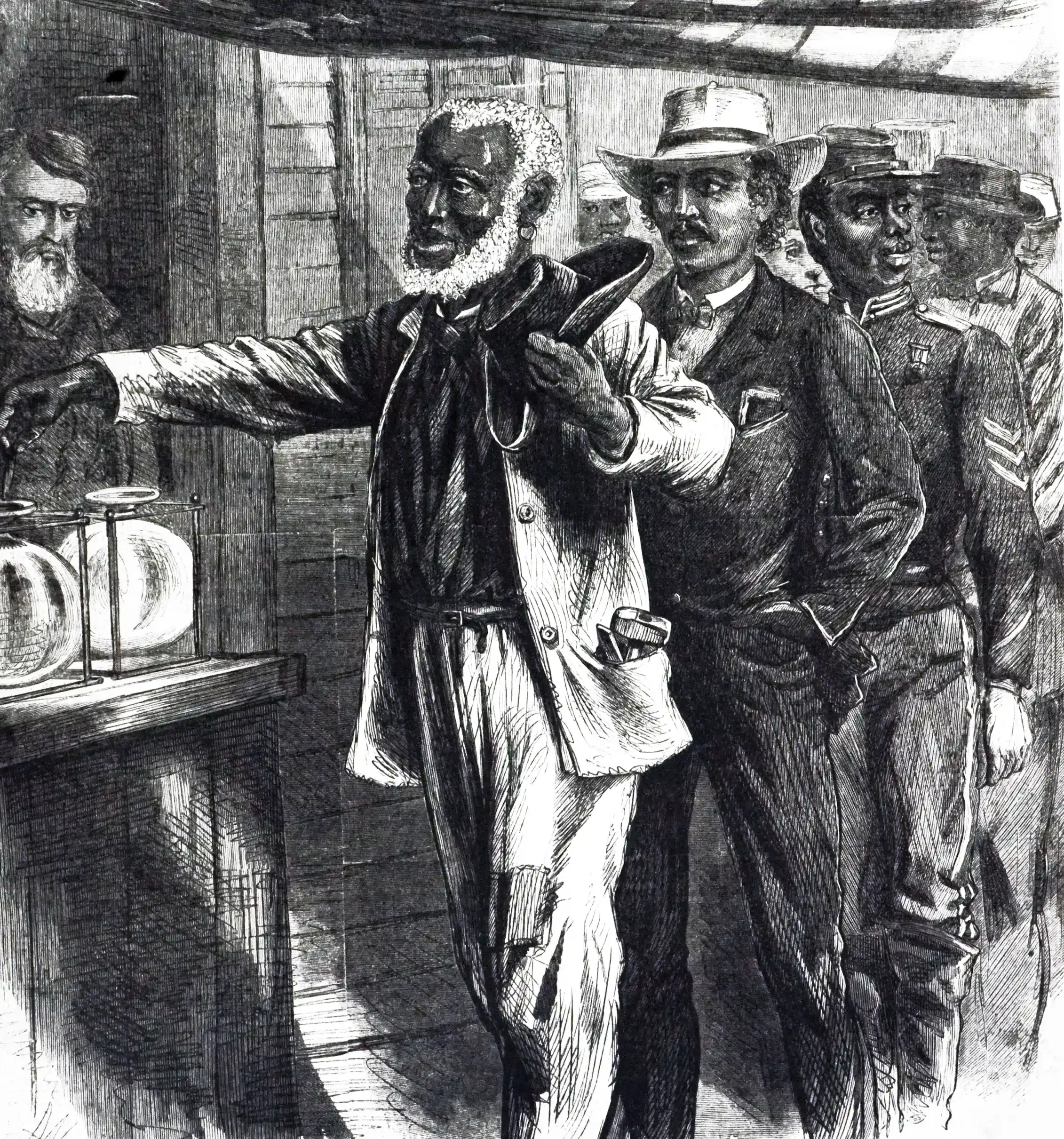 engraving of Black men in line to vote at a polling place in 1867