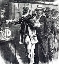 engraving of Black men in line to vote at a polling place in 1867