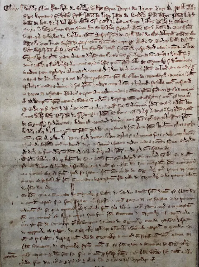 A medieval document showing a court case brought by the people of Grimsby against Ravenser Odd.