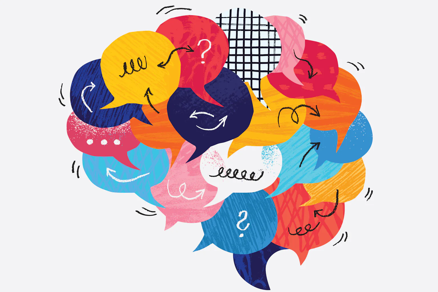 A graphic image shows a brain with various colorful thought bubbles and symbols drawn across it.