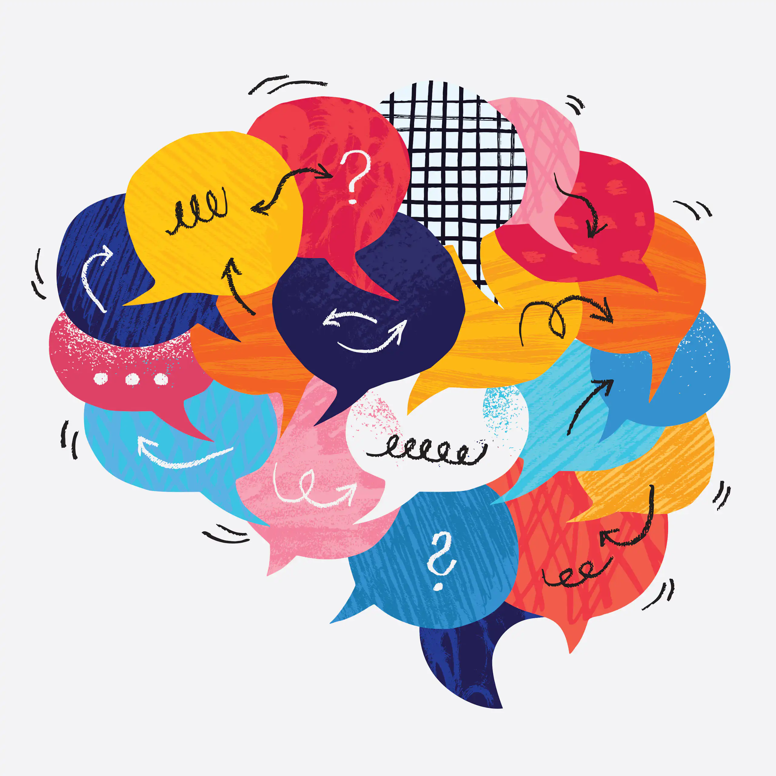 A graphic image shows a brain with various colorful thought bubbles and symbols drawn across it.
