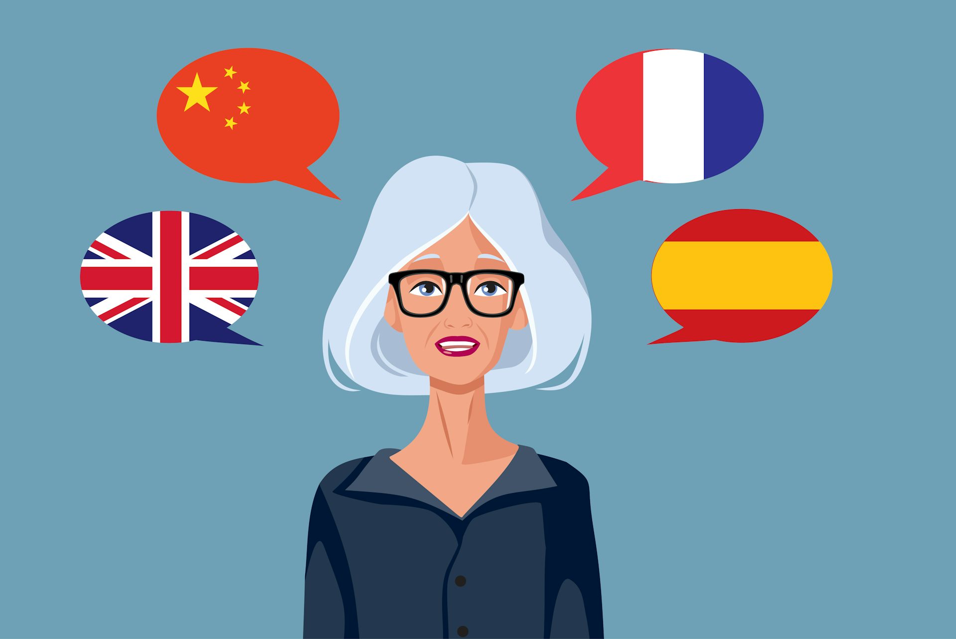 A graphic image shows a woman with white hair with various speech bubbles around her that have flags from the U.K., France, China and Spain.