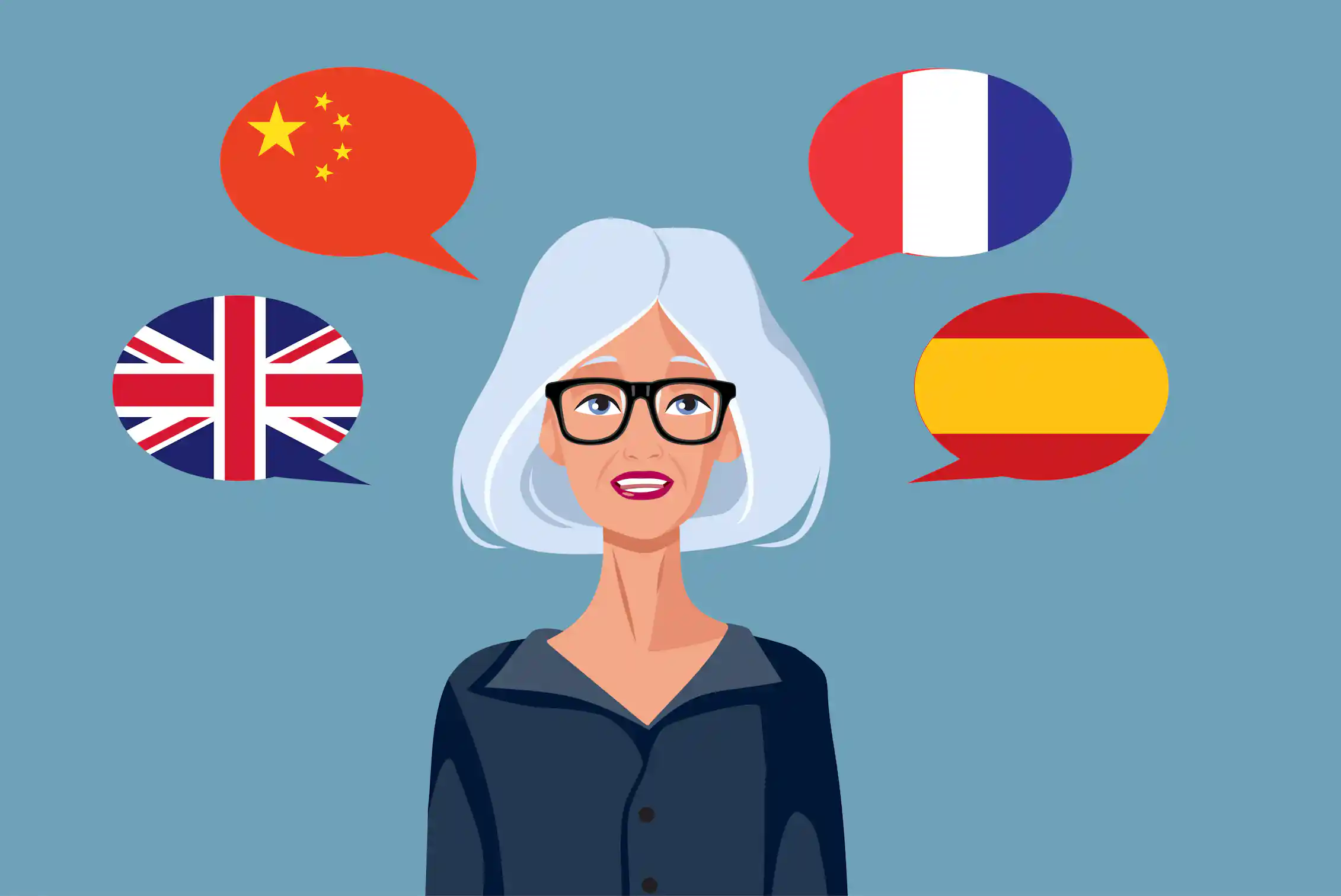 A graphic image shows a woman with white hair with various speech bubbles around her that have flags from the U.K., France, China and Spain.