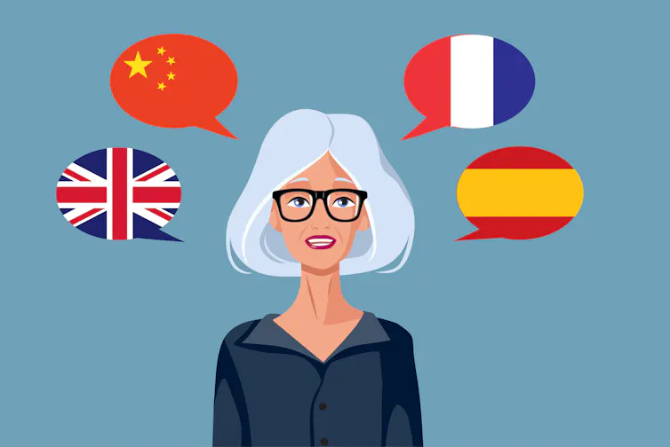 A graphic image shows a woman with white hair with various speech bubbles around her that have flags from the U.K., France, China and Spain.