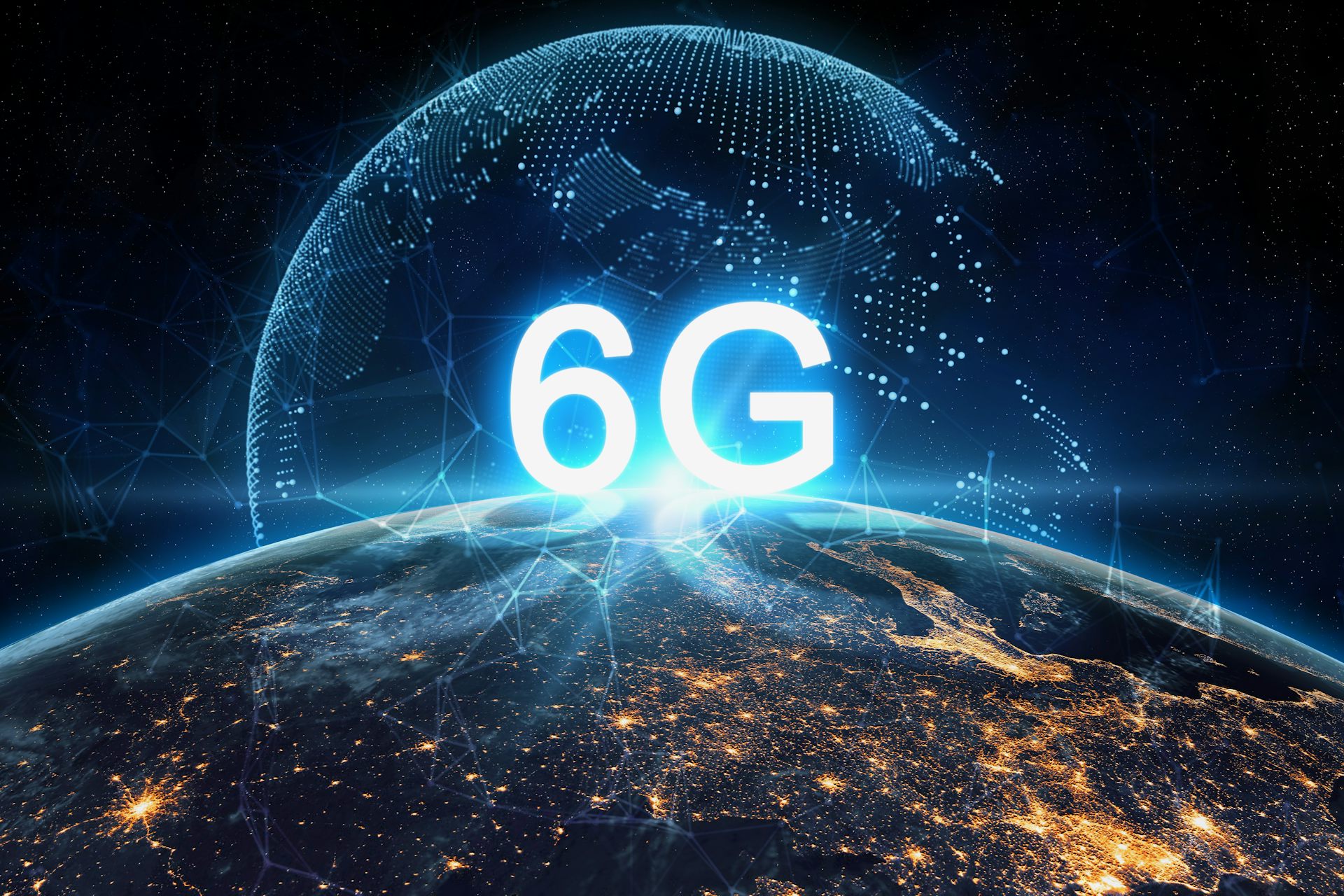 View of Earth illuminated by a giant 6G symbol