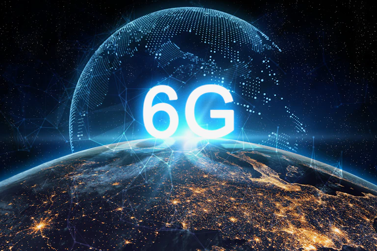 View of Earth illuminated by a giant 6G symbol