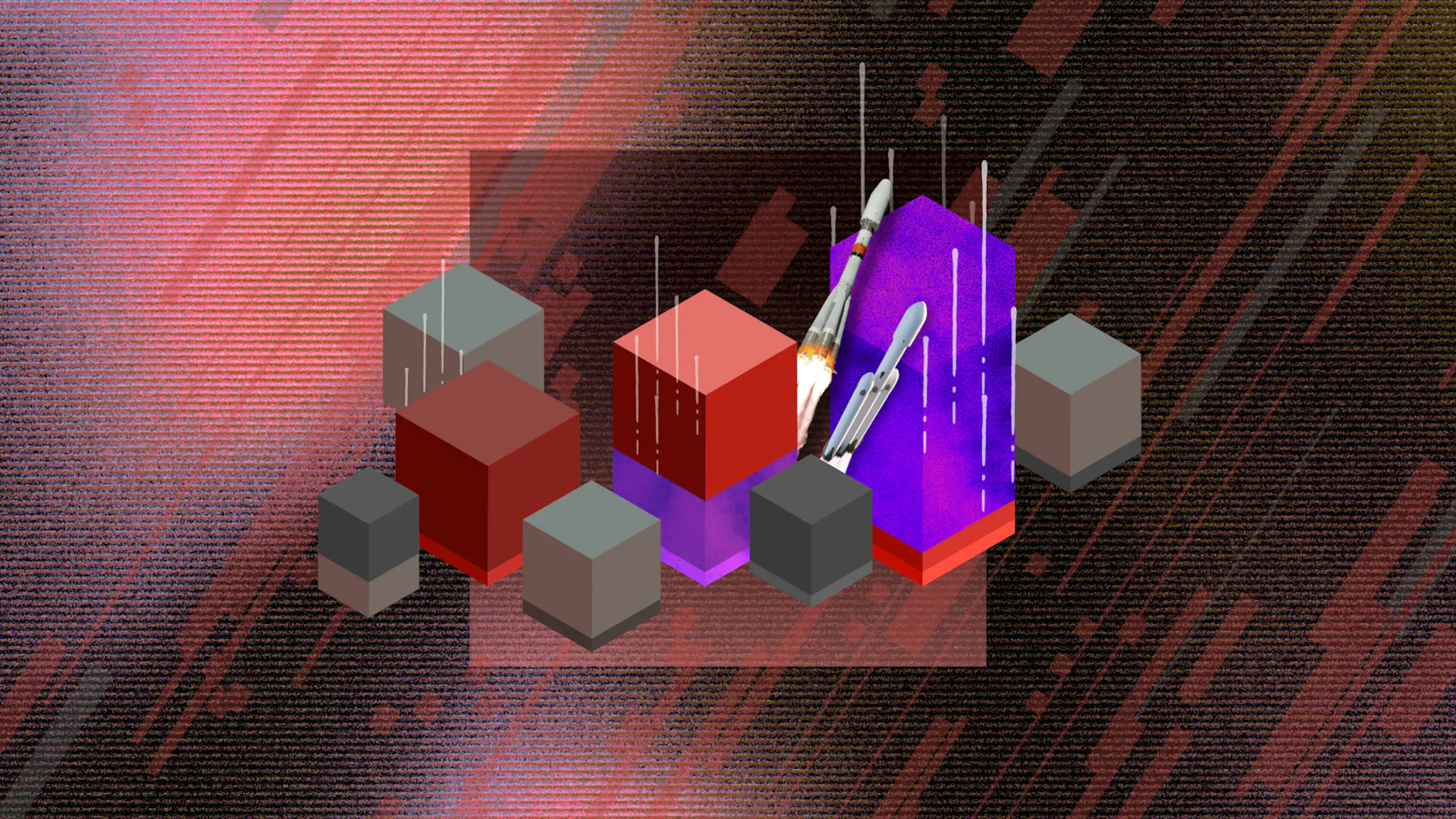 Stacked 3D blocks with rockets in the background