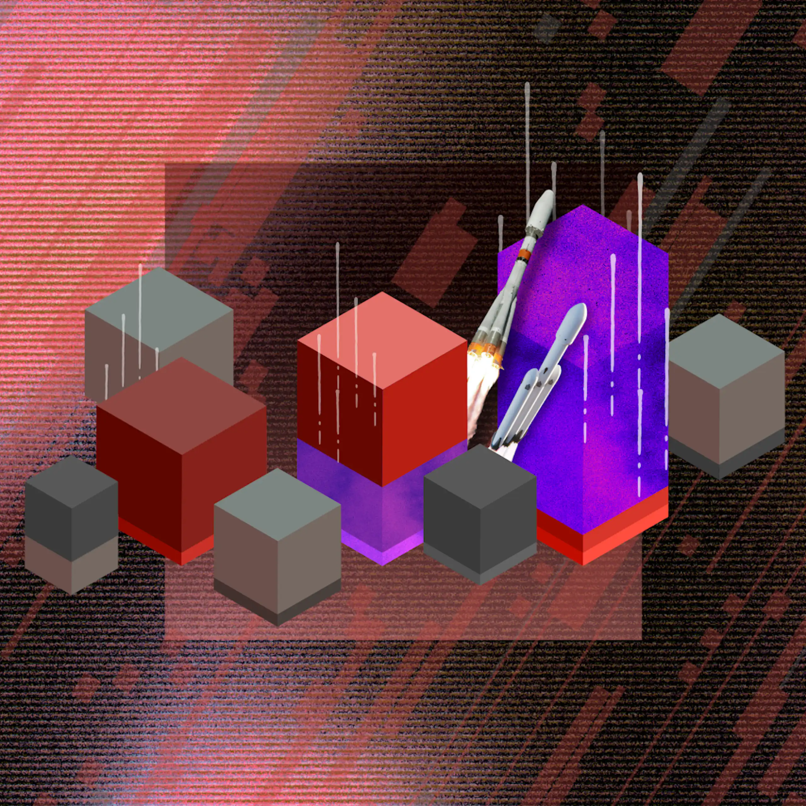 Stacked 3D blocks with rockets in the background