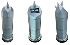 Three images of the dark blue shiny angular Spike robot.