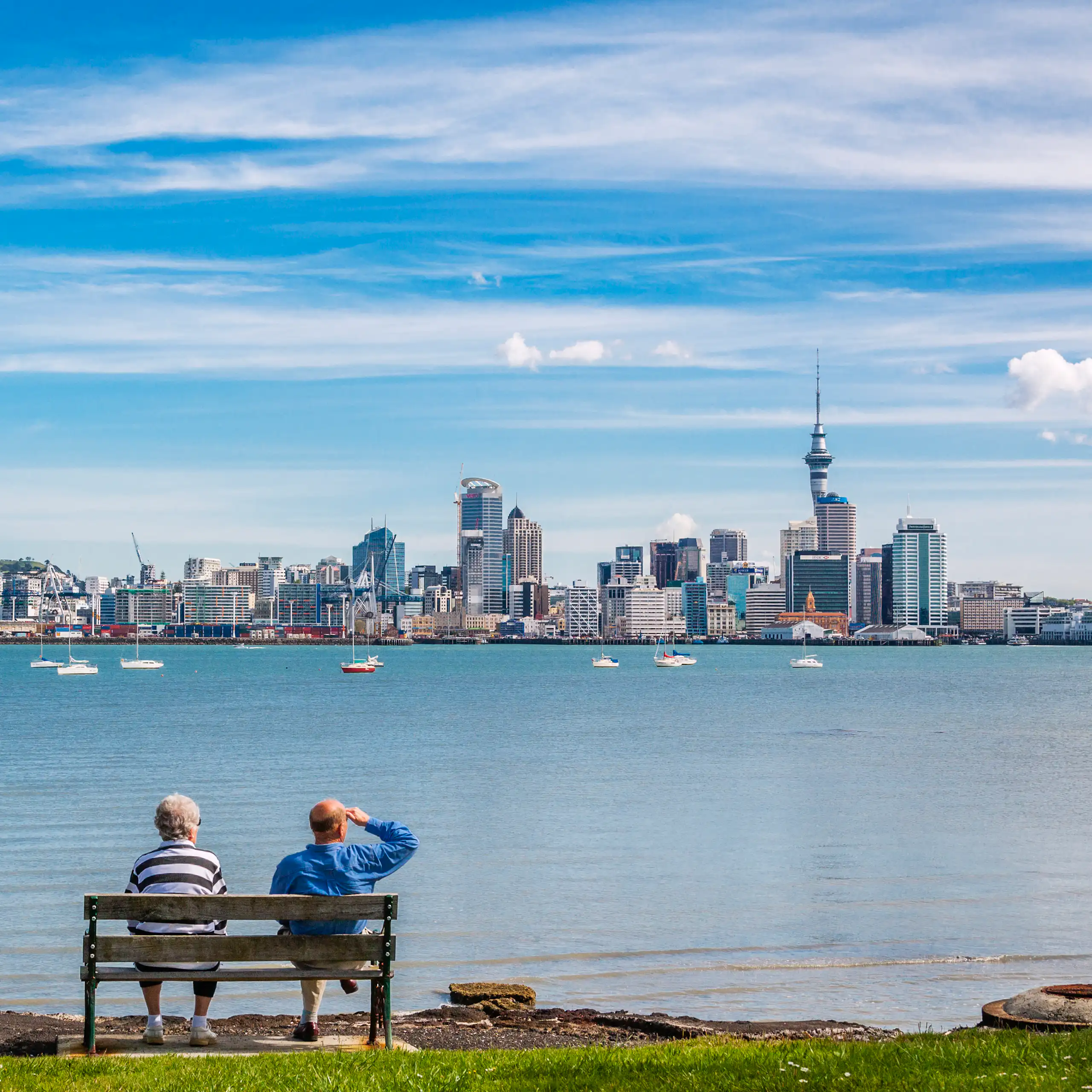 Couple on park bench looking across water at Auckland CBD on clear day