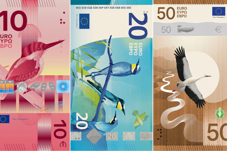 Billetes de 5, 10, 20, 50 y 100 euros con ilustraciones de las diferentes especies de aves seleccionadas por el BCE.