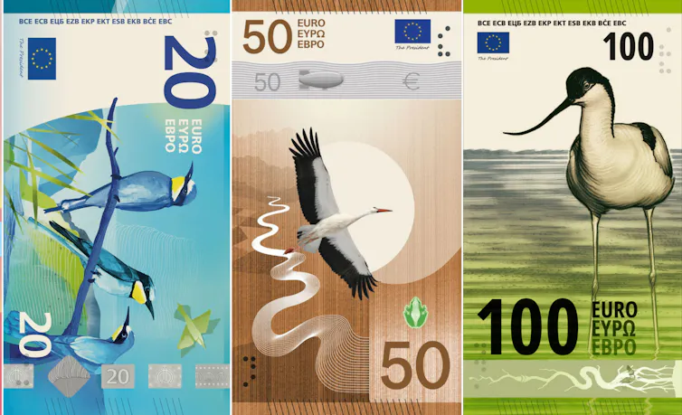 Billetes de 5, 10, 20, 50 y 100 euros con ilustraciones de las diferentes especies de aves seleccionadas por el BCE.