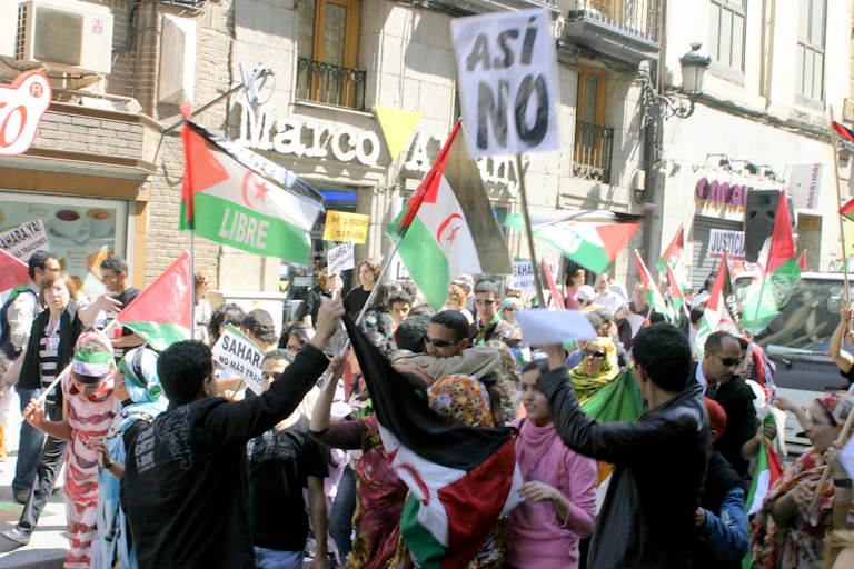 A group of men and women holding up placards and flags on a busy street
