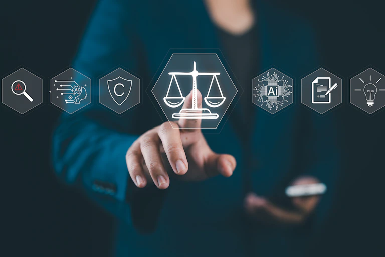 An illustration of a person pressing on a clear screen with a justice symbol on it.