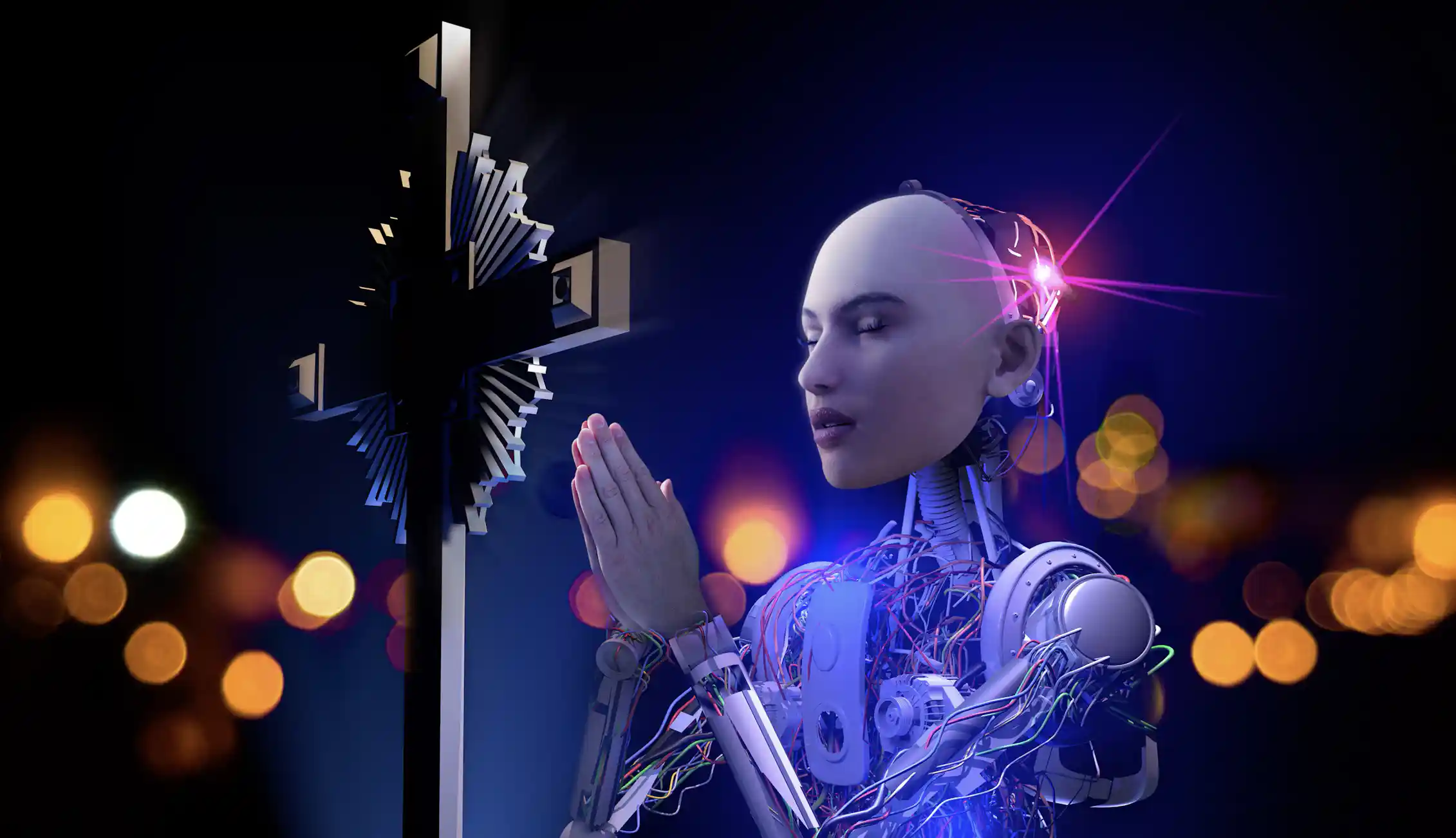 A human-faced robot prays with hands folded.