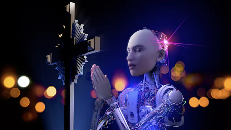 A human-faced robot prays with hands folded.