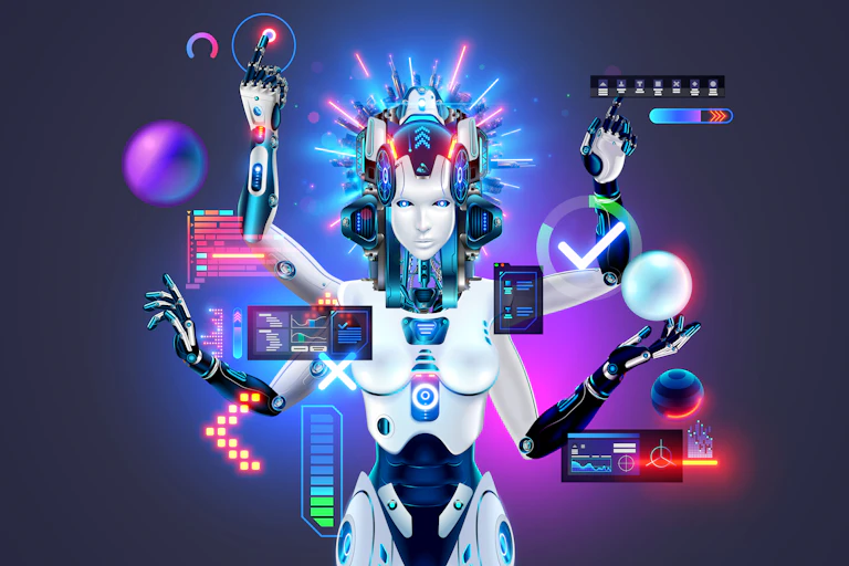 A female robot with four arms, in the image of the Hindu goddess Kali, stands against a dark blue background, surrounded by colorful digital graphics and glowing geometric shapes.
