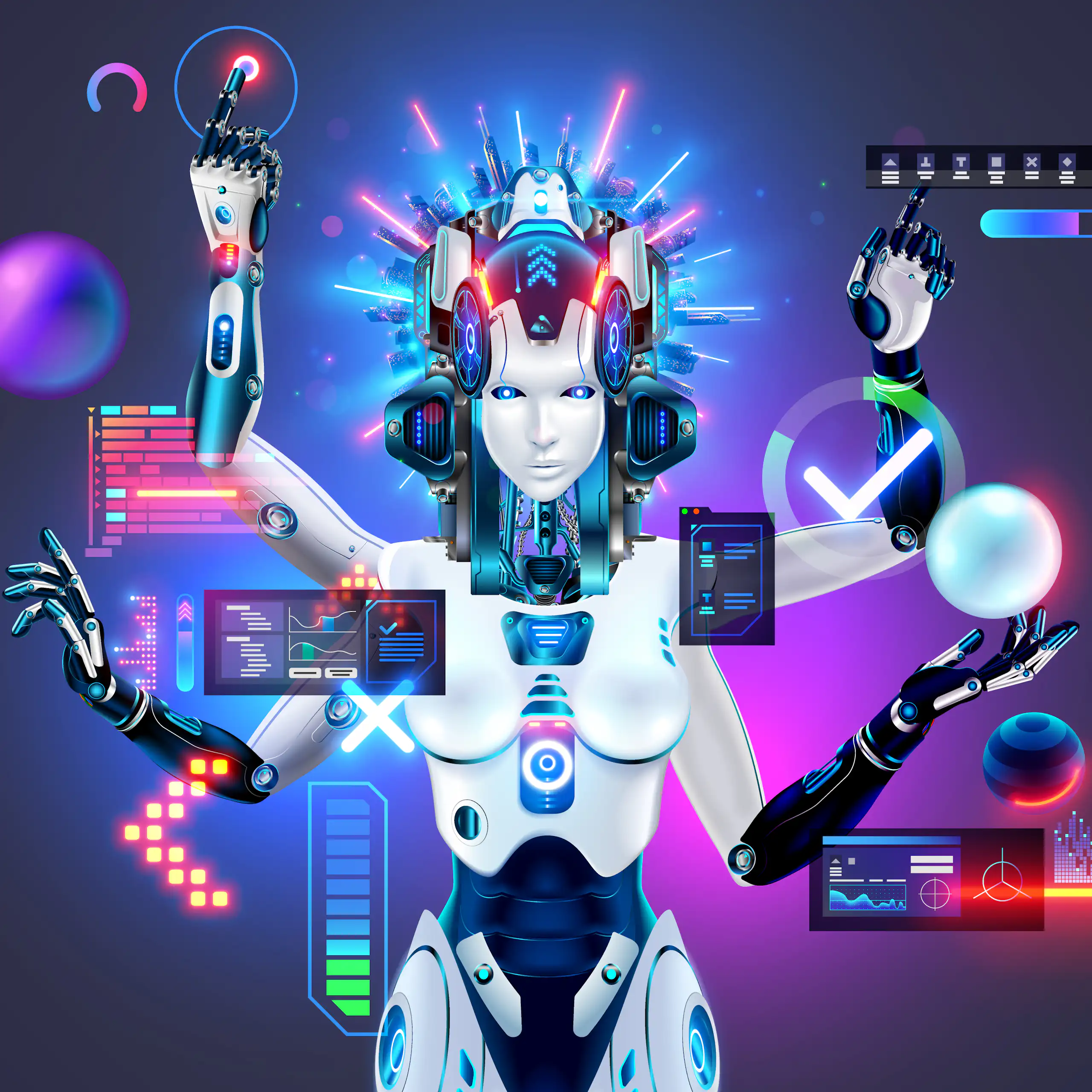 A female robot with four arms, in the image of the Hindu goddess Kali, stands against a dark blue background, surrounded by colorful digital graphics and glowing geometric shapes.