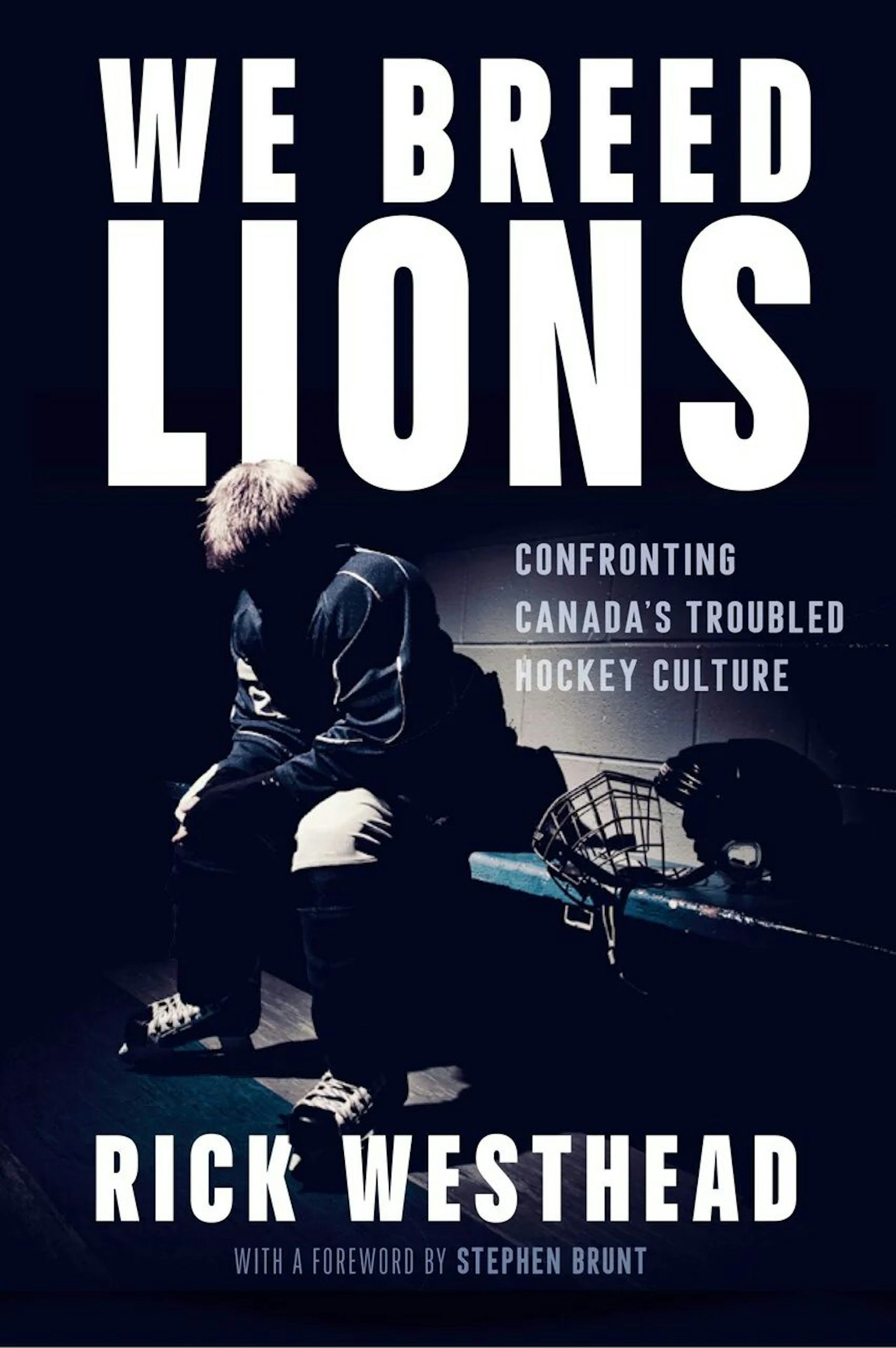 A book cover showing a hockey player sitting on a bench in a change room