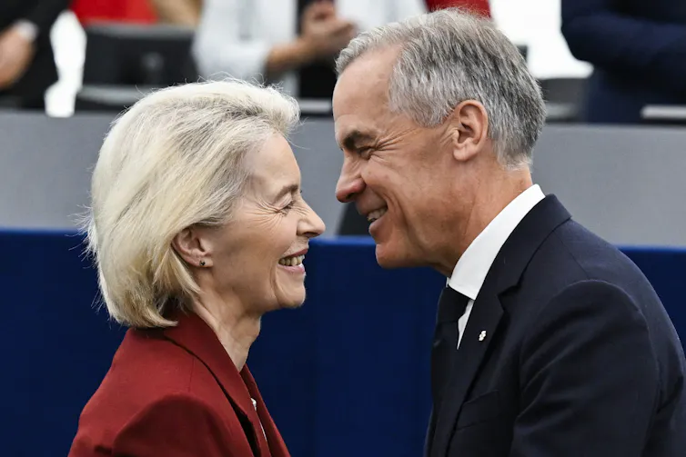 Canada's Prime Minister Mark Carney greets European Commission President Ursula von der Leyen