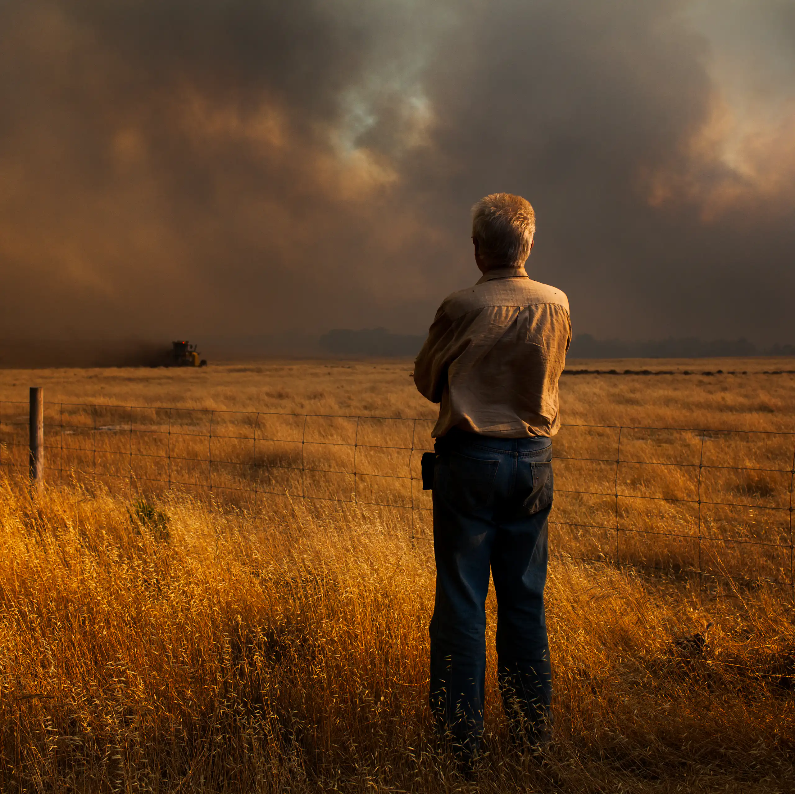 A man standing in a paddock, watching a bushfire burn in the distance.
