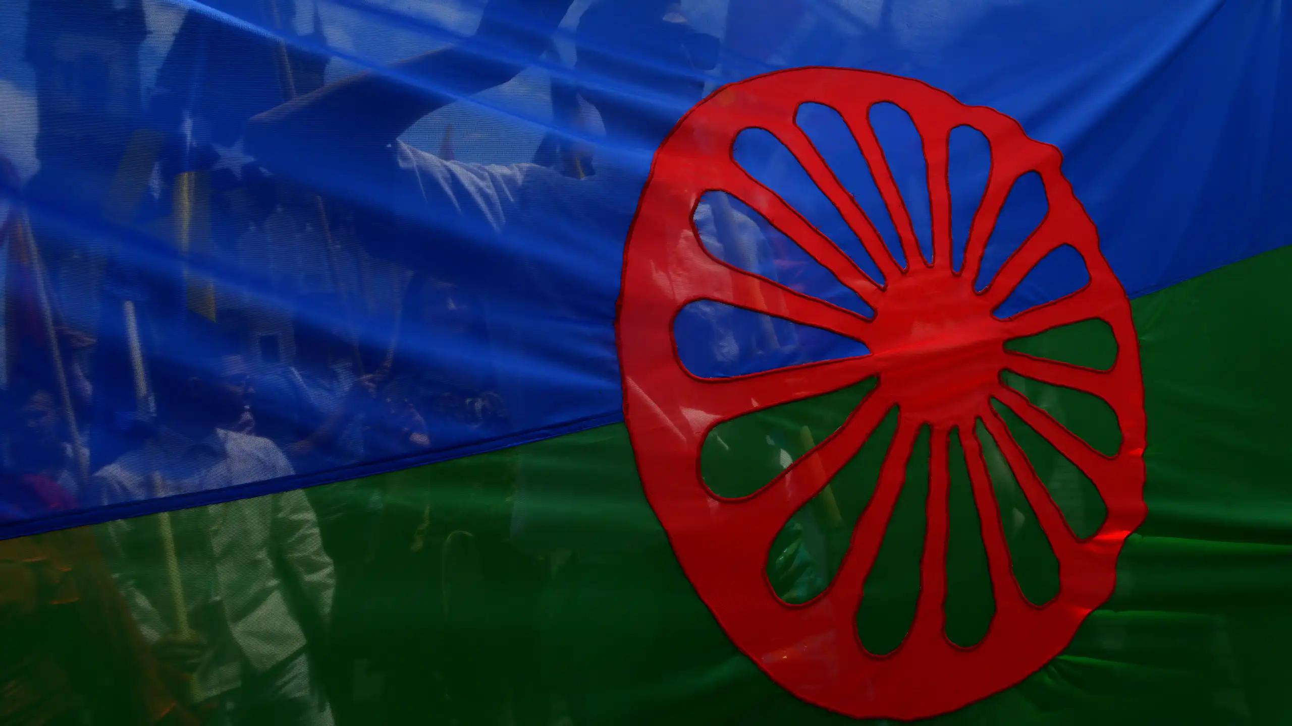 Gros plan sur le drapeau : une bande bleue et une bande verte horizontales surmontées d'une roue rouge de charriot placée au centre.