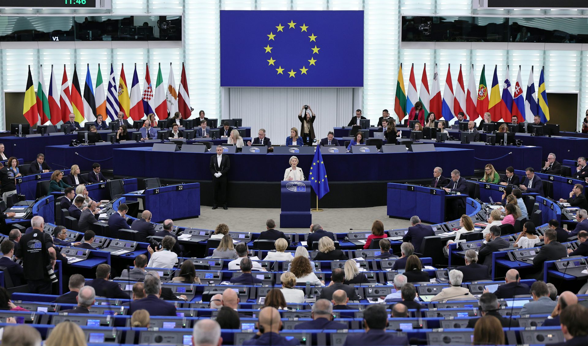 Ursula von der Leyen speaks during a debate at the European Parliament in Strasbourg.